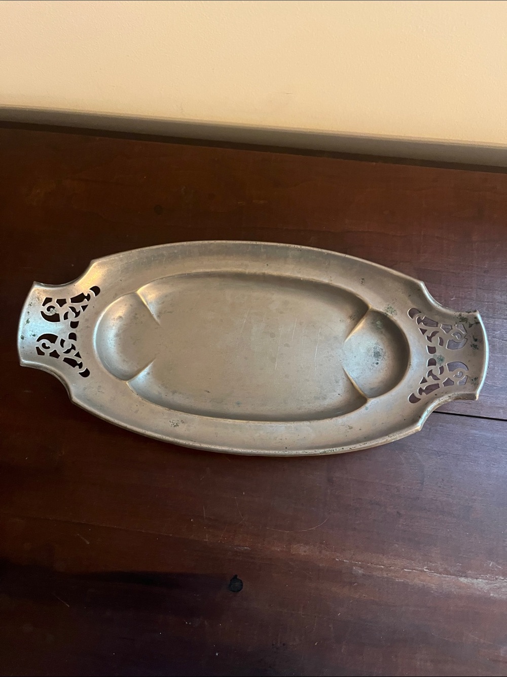Vintage “Means Best” Brand Oval Serving Tray in Silver Tone